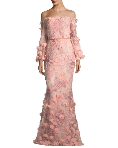 Shop Marchesa Notte Red Long Sleeve 3d Floral Embroidered Dress