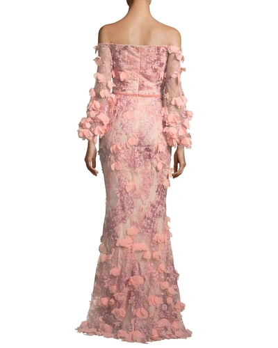 Shop Marchesa Notte Red Long Sleeve 3d Floral Embroidered Dress