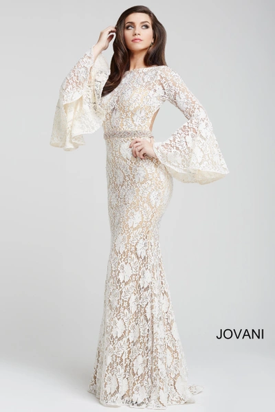 Shop Jovani Long Bell Sleeve Lace Gown In Off White/nude