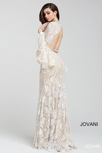 Shop Jovani Long Bell Sleeve Lace Gown In Off White/nude