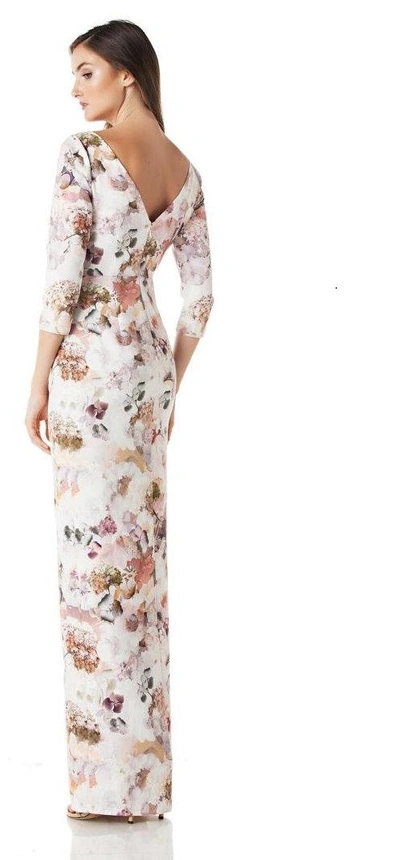 Shop Kay Unger New York Sleeve Pink Floral Stretch Crepe Column Gown In Blush Multi