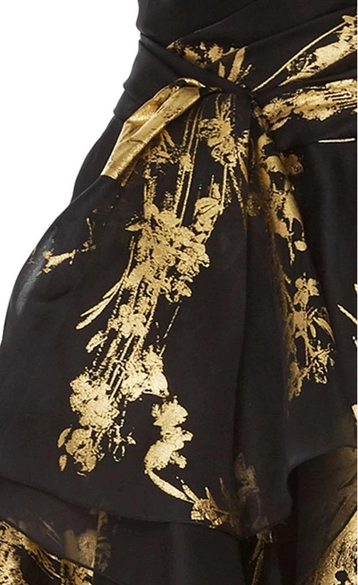 Shop Marchesa Couture Black One Shoulder Gold Metallic Foil Midi Tea Dress In Black/gold