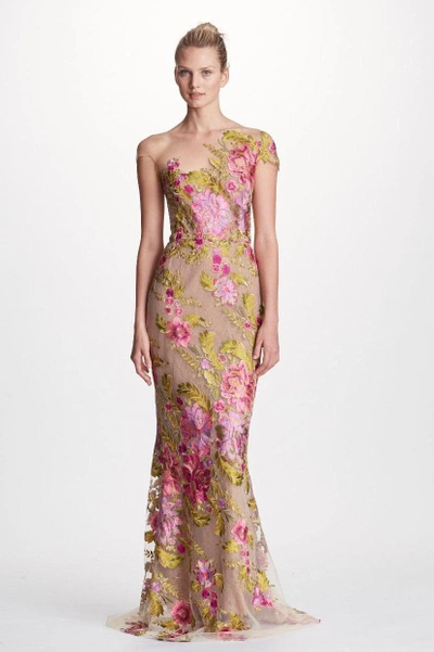 Shop Marchesa Couture One Shoulder Illusion Floral Evening Gown In Nude