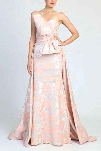 Shop Badgley Mischka Strapless Floral Jacquard Evening Gown In Peach