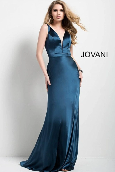Shop Jovani Teal Plunging Neckline Open Back Satin Gown