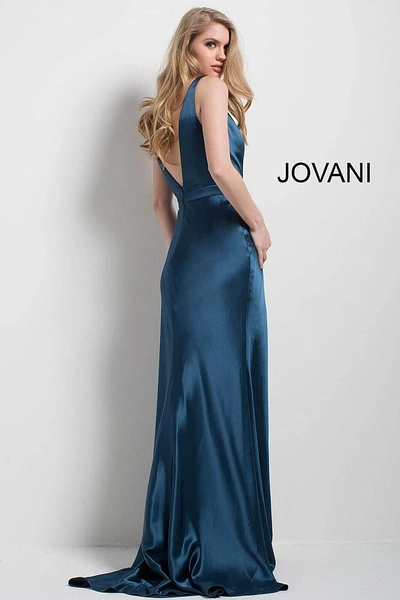 Shop Jovani Teal Plunging Neckline Open Back Satin Gown