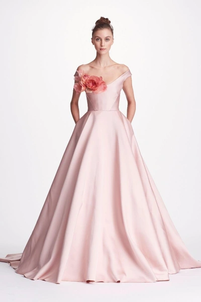 Shop Marchesa Couture Pink Off Shoulder Duchess Satin Ball Gown In Blush
