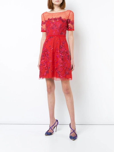 Shop Marchesa Notte Black Short Sleeve Embroidered Cocktail Dress N22c0609 In Red