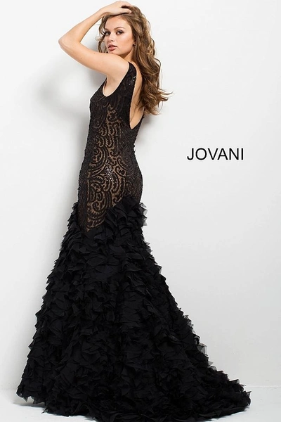 Shop Jovani Black Embellished Backless Mermaid Gown In Black/nude