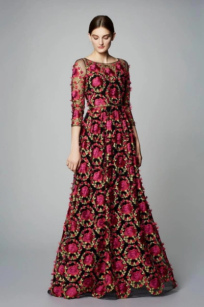 Shop Marchesa Notte Sleeve Embroidered Evening Gown In Fuchsia
