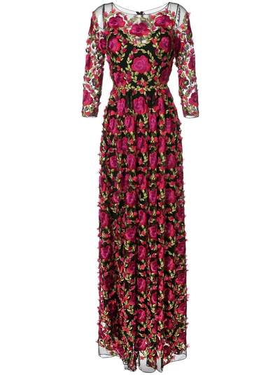 Shop Marchesa Notte Sleeve Embroidered Evening Gown In Fuchsia