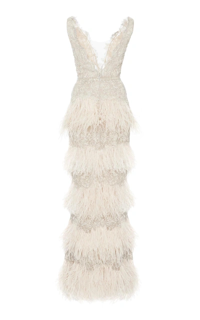 Marchesa Couture Sleeveless Silver Metallic Lace Column Gown | ModeSens
