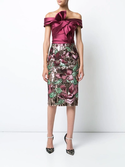 Shop Marchesa Notte Off Shoulder Satin Bow Dress In Wine