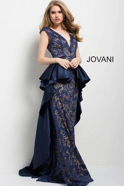 Shop Jovani Navy Nude Cap Sleeve V Neck Backless Lace Gown In Navy Blue/nude