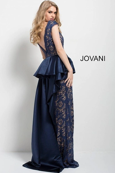 Shop Jovani Navy Nude Cap Sleeve V Neck Backless Lace Gown In Navy Blue/nude