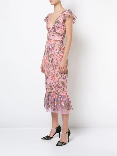Shop Marchesa Notte Pink Cap Sleeve Floral Midi Tea Dress In Lilac