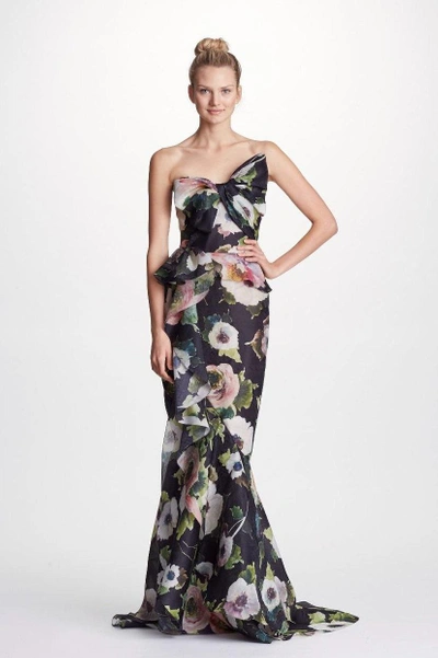 Shop Marchesa Couture Black Strapless Floral Peplum Evening Gown