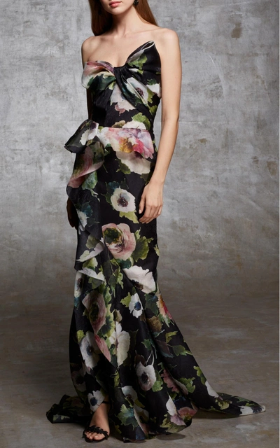 Shop Marchesa Couture Black Strapless Floral Peplum Evening Gown