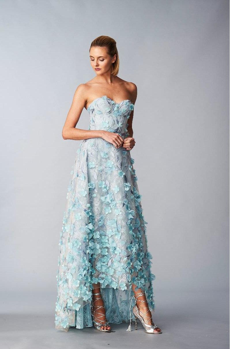 Marchesa Notte Blue Strapless High Low 3d Petal Gown In Light Blue Modesens