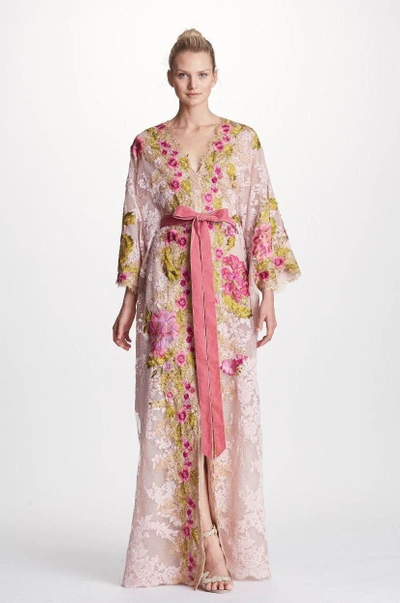 Shop Marchesa Couture Pink Plunging V Neck Corded Lace Caftan In Blush