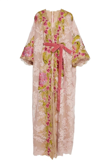 Shop Marchesa Couture Pink Plunging V Neck Corded Lace Caftan In Blush