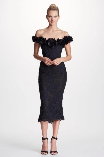 Marchesa Couture Black Off Shoulder Corded Lace Midi Tea Dress With ...