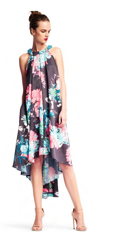 Shop Aidan Mattox Sleeveless Floral High-low Shift Dress In Black Multi