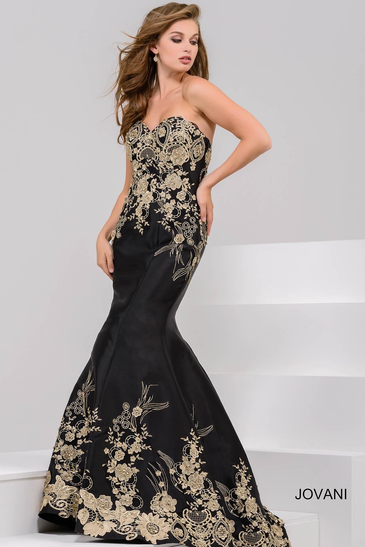 black and gold strapless dress