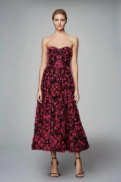 Shop Marchesa Notte Strapless 3d Floral Embroidered Tea Dress In Fuchsia