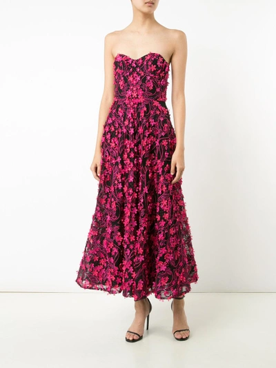 Shop Marchesa Notte Strapless 3d Floral Embroidered Tea Dress In Fuchsia