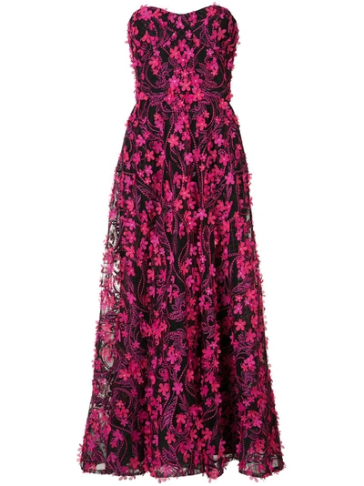 Shop Marchesa Notte Strapless 3d Floral Embroidered Tea Dress In Fuchsia