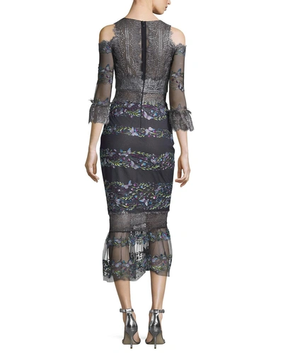 Shop Marchesa Notte Half Bell Sleeve Navy Metallic Midi Tea Dress