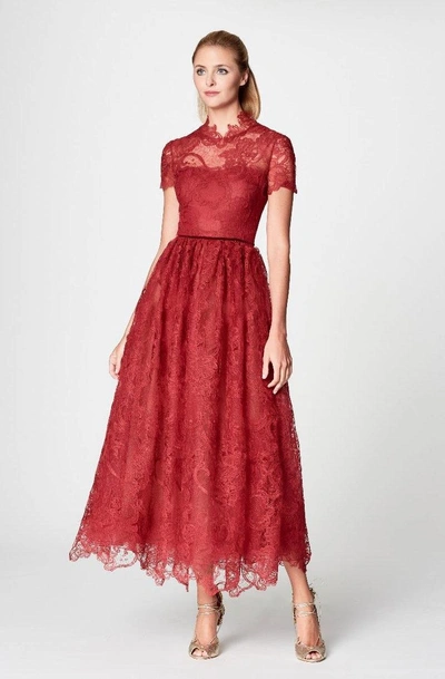 Shop Marchesa Notte Red Lace Short Sleeve Midi Tea Dress