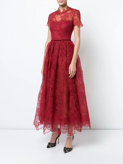 Shop Marchesa Notte Red Lace Short Sleeve Midi Tea Dress