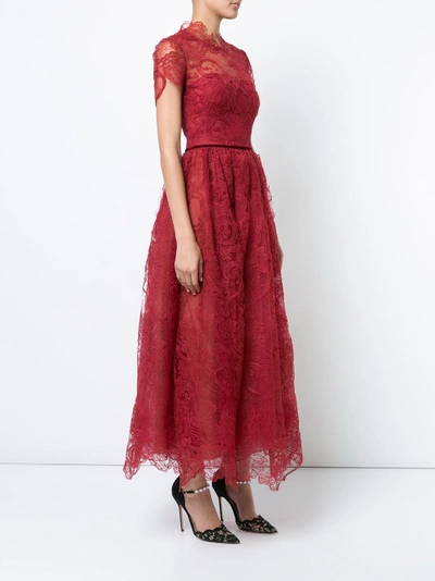 Shop Marchesa Notte Red Lace Short Sleeve Midi Tea Dress