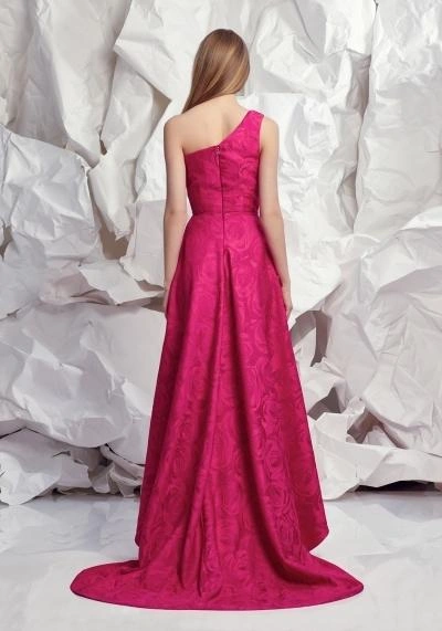 Shop Pamella Roland Pamella,  One Shoulder Floral Jacquard Gown In Raspberry
