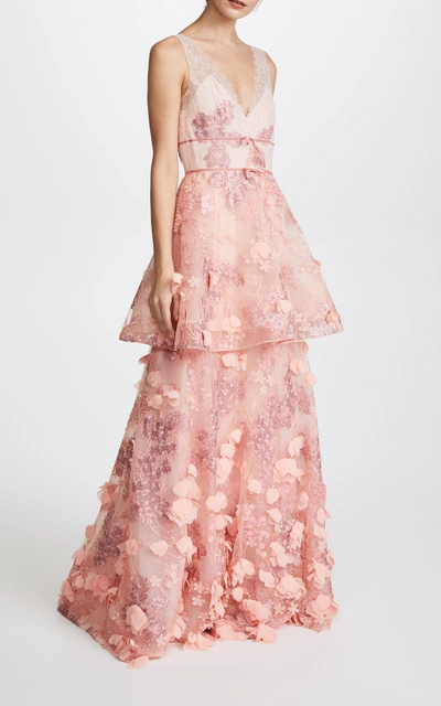 Shop Marchesa Notte Pink Sleeveless 3d Embroidered Gown In Blush