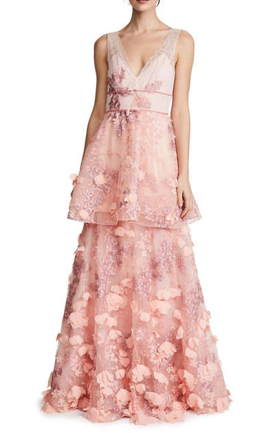 Shop Marchesa Notte Pink Sleeveless 3d Embroidered Gown In Blush