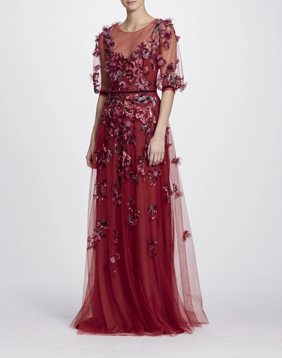 Shop Marchesa Notte Fall/winter 2018  Floral Beaded Short Sleeve Gown In Red