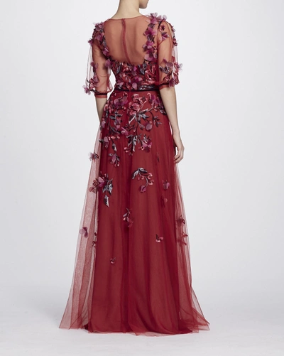 Shop Marchesa Notte Fall/winter 2018  Floral Beaded Short Sleeve Gown In Red