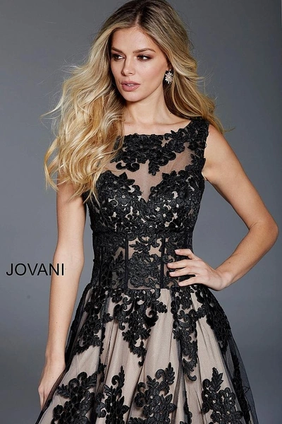 Shop Jovani Black Nude Embroidered Tulle Sleeveless Formal Ball Gown In Black/nude