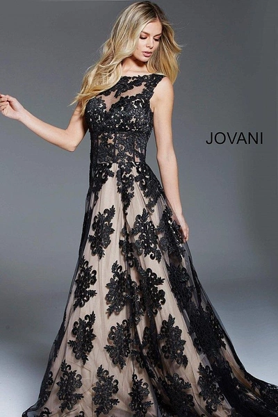 Shop Jovani Black Nude Embroidered Tulle Sleeveless Formal Ball Gown In Black/nude