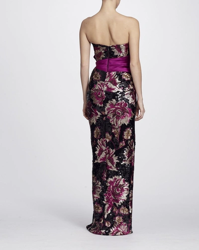 Shop Marchesa Notte Strapless Sequined Peony Evening Gown In Navy