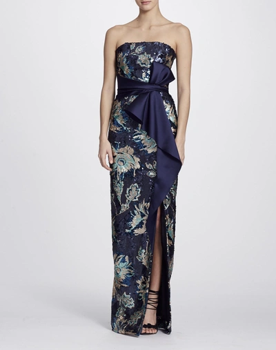 Shop Marchesa Notte Strapless Sequined Peony Evening Gown In Navy