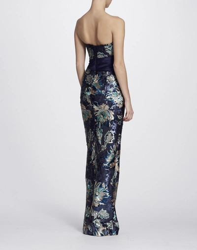 Shop Marchesa Notte Strapless Sequined Peony Evening Gown In Navy
