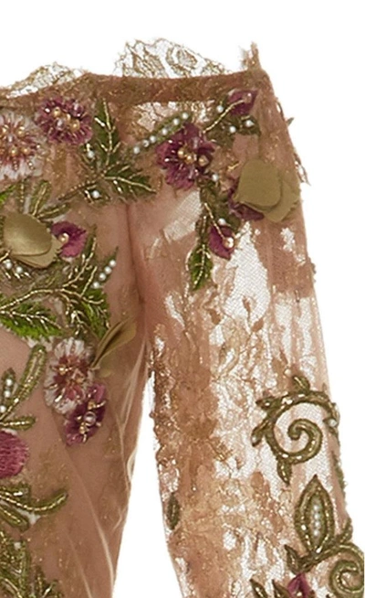 Shop Marchesa Couture Nude Off The Shoulder Floral Embroidered Gown