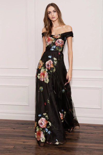 Shop Marchesa Notte Black Off Shoulder Floral Evening Gown