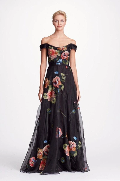 Shop Marchesa Notte Black Off Shoulder Floral Evening Gown