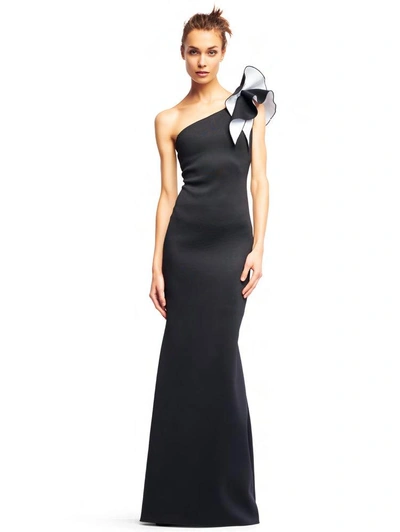 Shop Aidan Mattox Aidan By  Black One Shoulder Evening Gown In Black/white