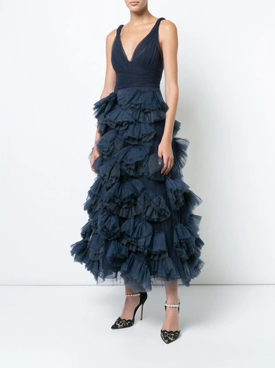 Shop Marchesa Notte Navy Blue Sleeveless Tulle Midi Tea Dress